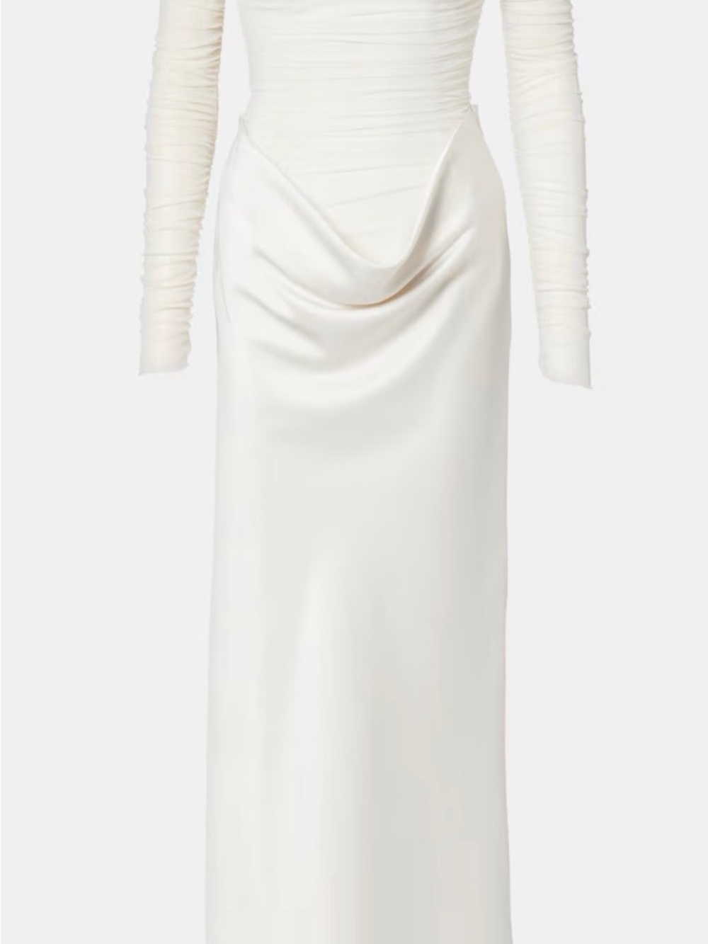 Long Ivory Satin Drape Maxi Dress with Ruched Bodice